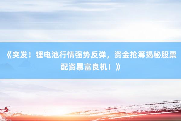 《突发！锂电池行情强势反弹，资金抢筹揭秘股票配资暴富良机！》